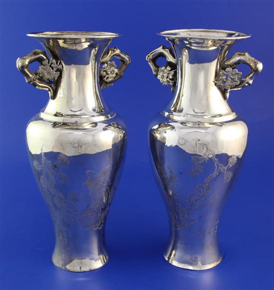 A pair of early 20th century Japanese mixed metal vases, 10in.